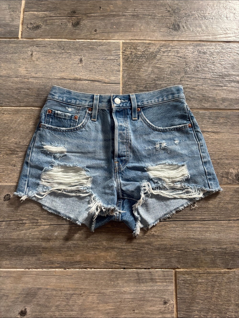 Levi's Distressed Light Blue High-Rise Denim Shorts